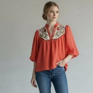 THML Women's Embroidered Boho Blouse XS Orange Puff Sleeve Western Top NWT
